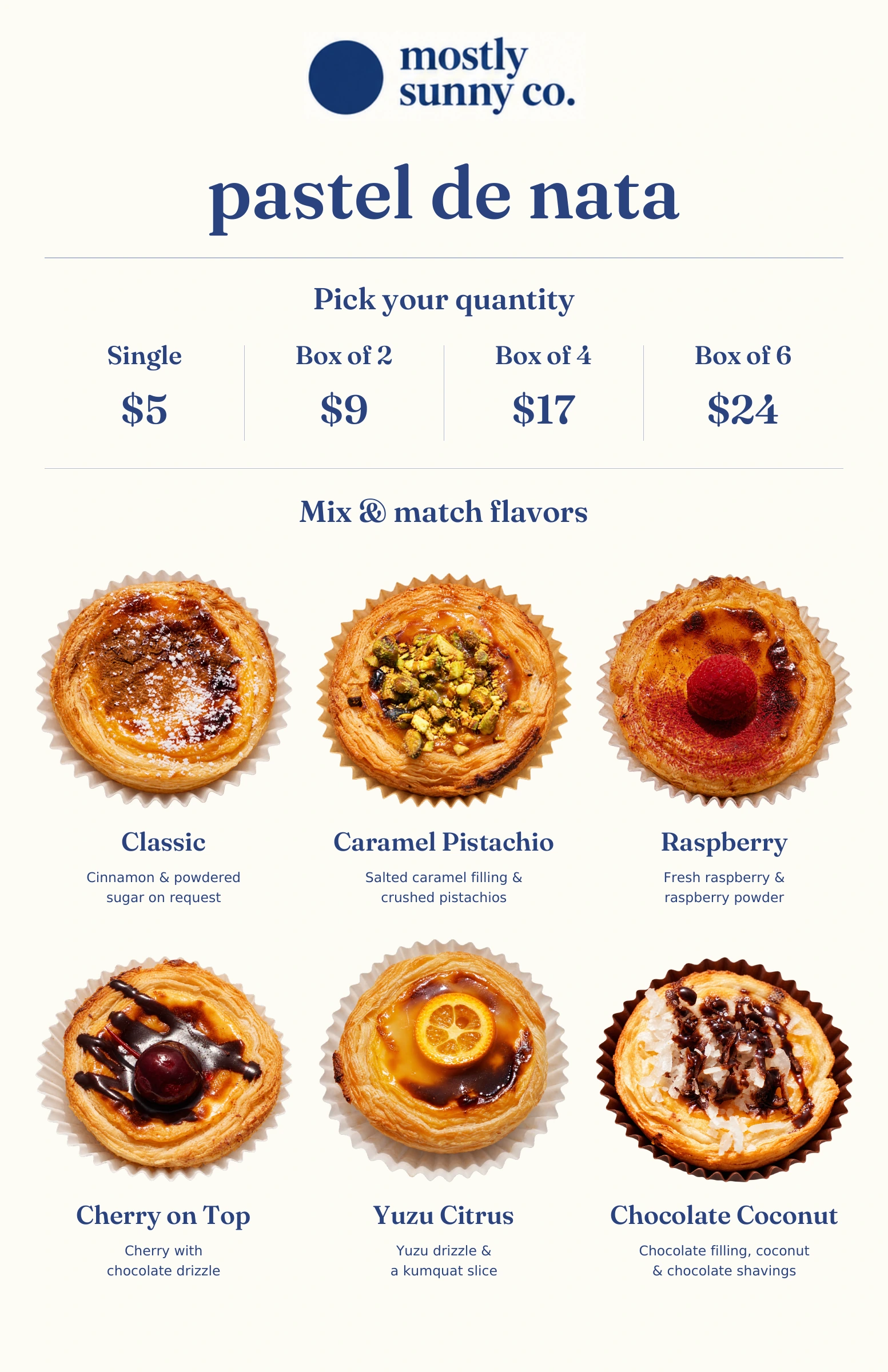 Pastel de nata menu with box prices and all six flavors. Text version available above.